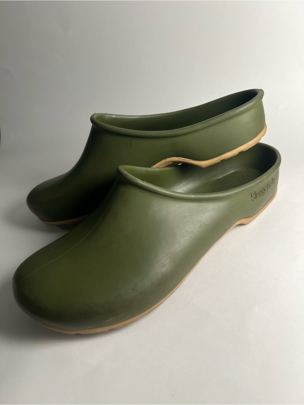 Womenβs Sloggers Olive Green Slip-On Waterproof Clogs with Tan Outsole Size 10